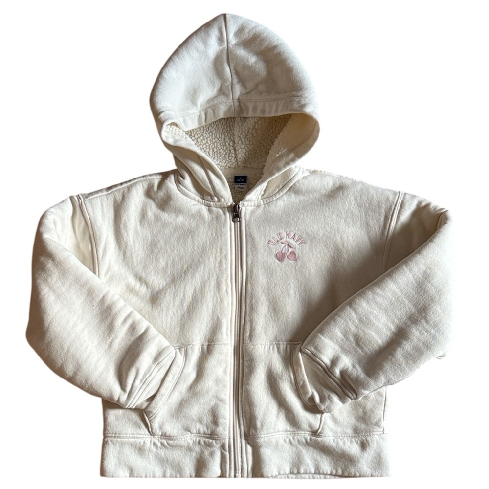 OLD NAVY GIRLS SERPA LINED FULL ZIP HOODED JACKET FRONT POCKETS CREAM LG (10-12)